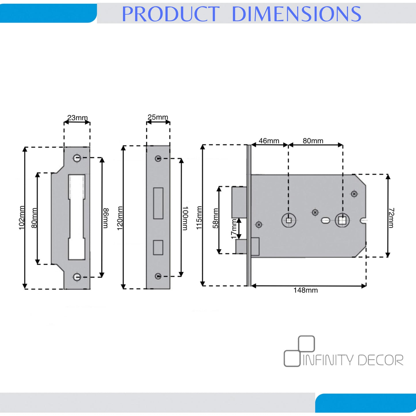 Serrure de salle de bain horizontale à 3 leviers 6" - Noir mat