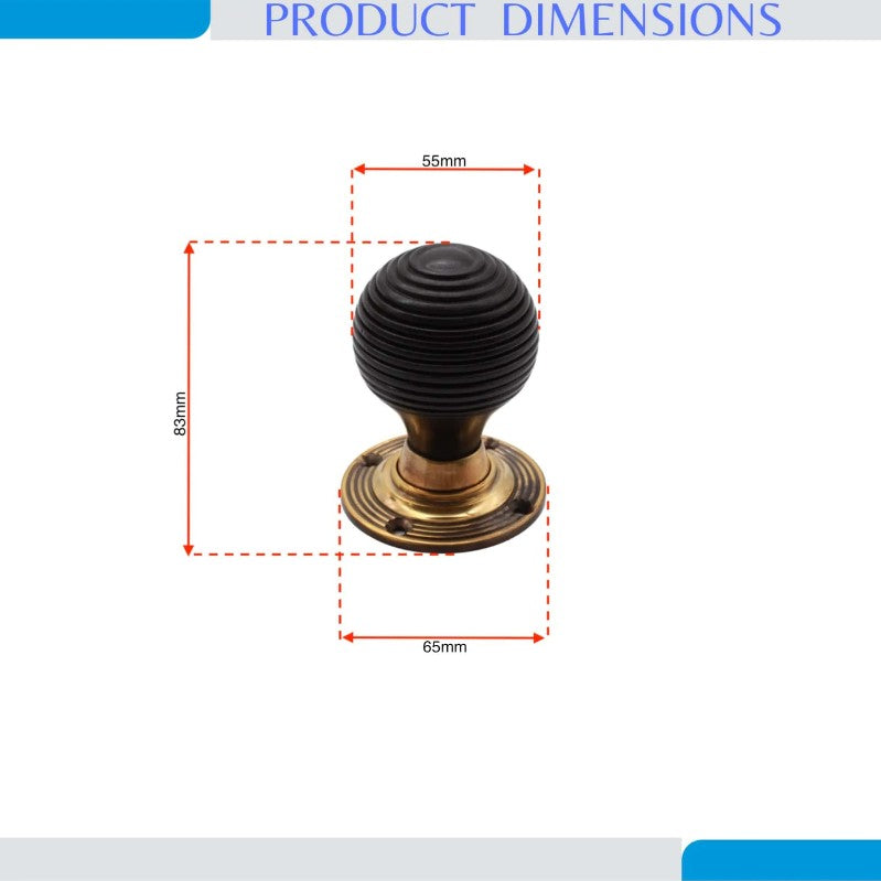 Ebonised Wood Beehive Mortice/Rim Door Knob Aged Brass