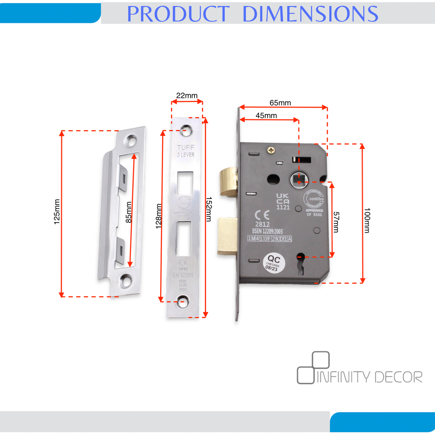 2.5" CE 3 Lever Mortice Sash Lock FD60 - Polished Nickel