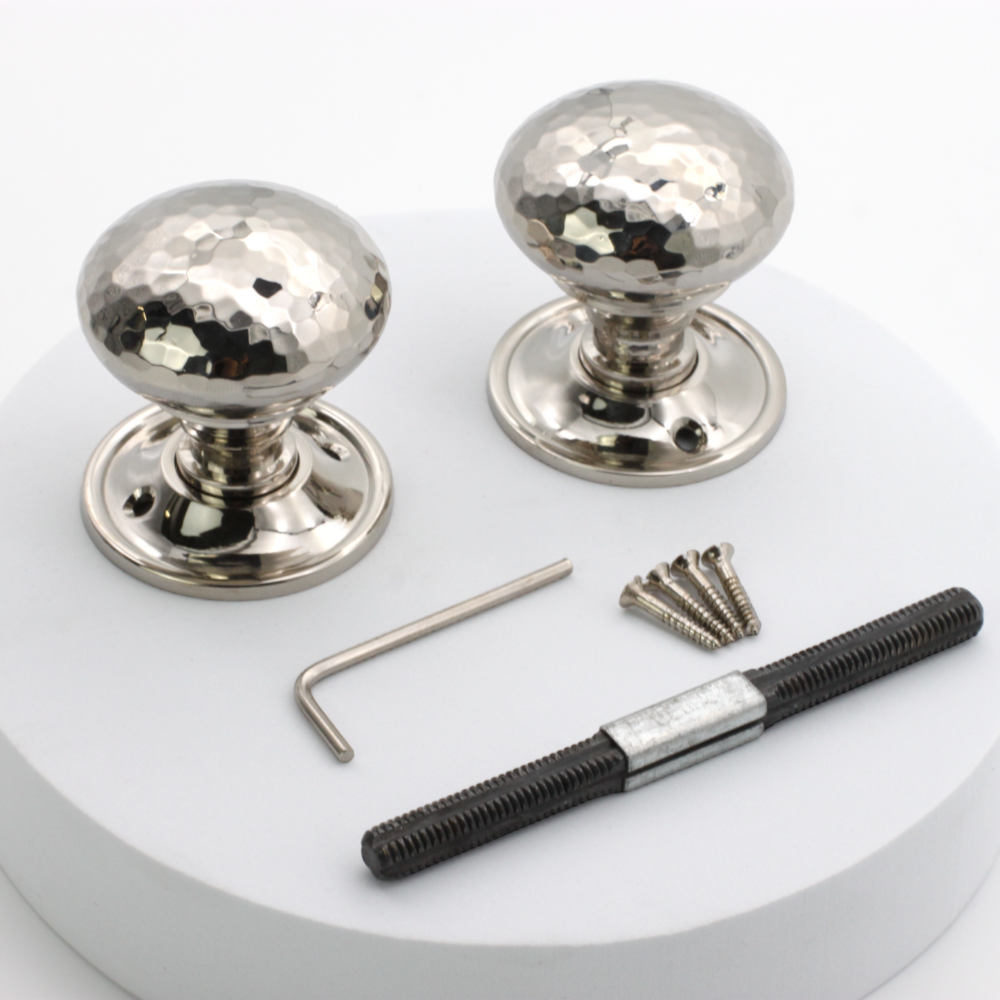 Gehämmerter Pilz-Einsteck-/Rand-Türknauf, poliertes Nickel