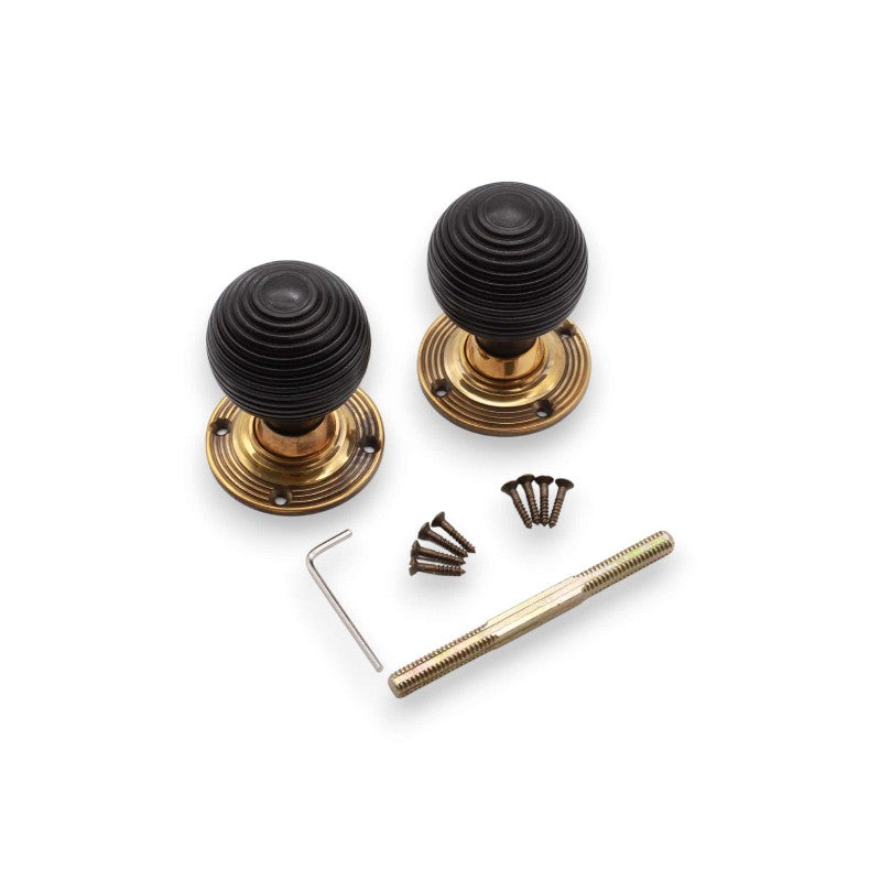 Ebonised Wood Beehive Mortice/Rim Door Knob Aged Brass