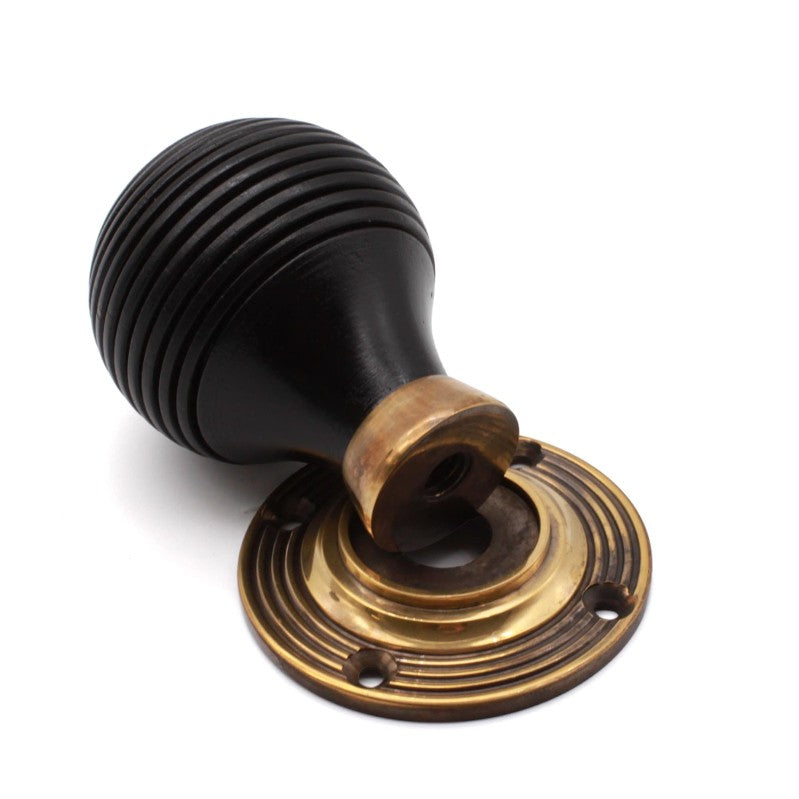 Ebonised Wood Beehive Mortice/Rim Door Knob Aged Brass