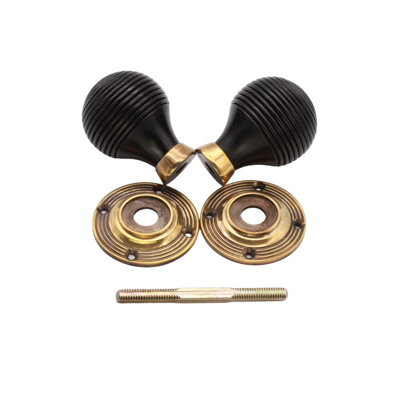 Ebonised Wood Beehive Mortice/Rim Door Knob Aged Brass