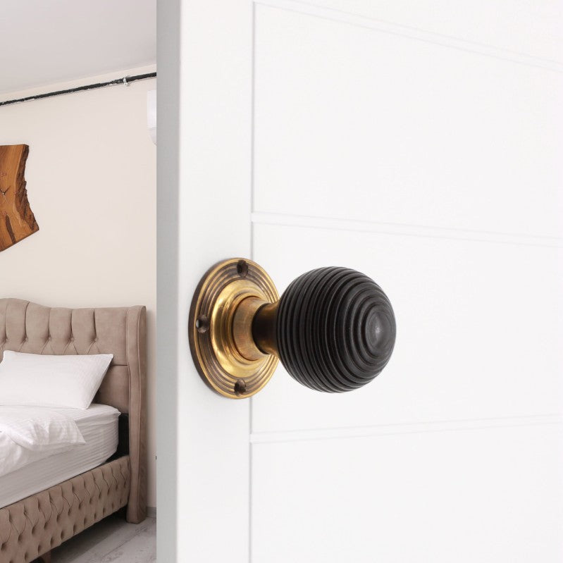 Ebonised Wood Beehive Mortice/Rim Door Knob Aged Brass