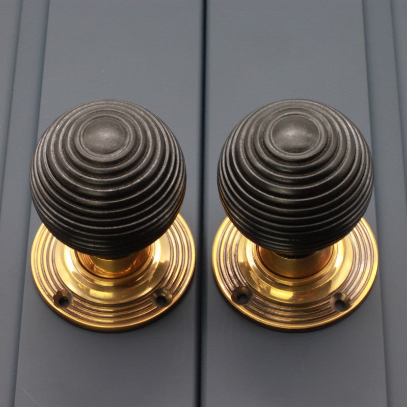 Ebonised Wood Beehive Mortice/Rim Door Knob Aged Brass