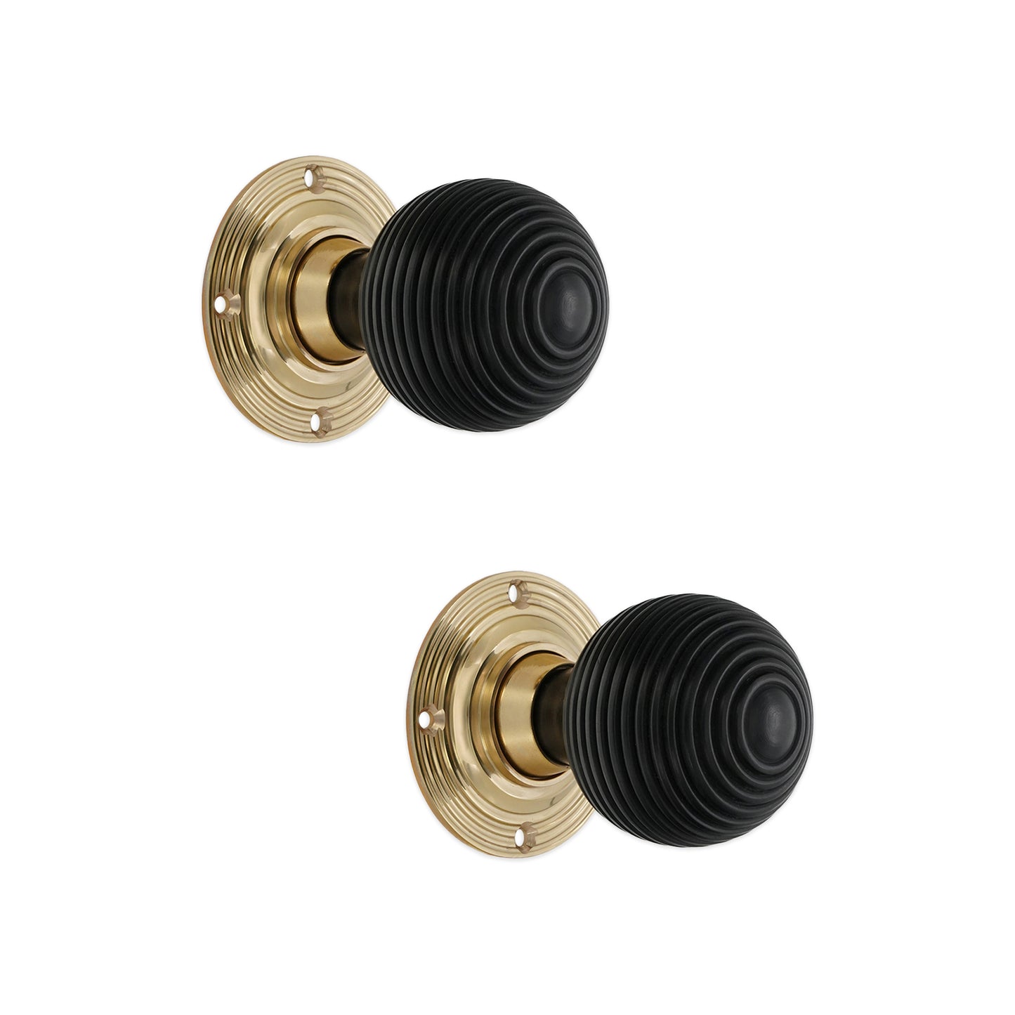 Ebony Wood Beehive Rim/Mortice Door Knob Polished Brass
