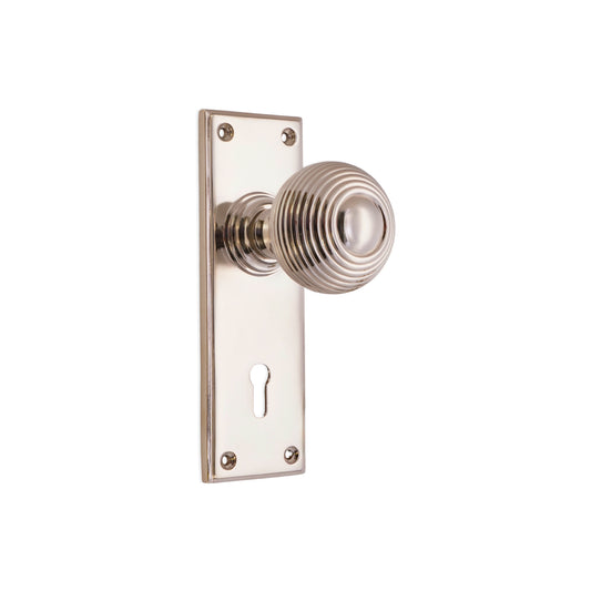 Beehive Knob on Backplate Lock Polished Nickel