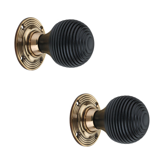 Ebonised Wood Beehive Mortice/Rim Door Knob Aged Brass
