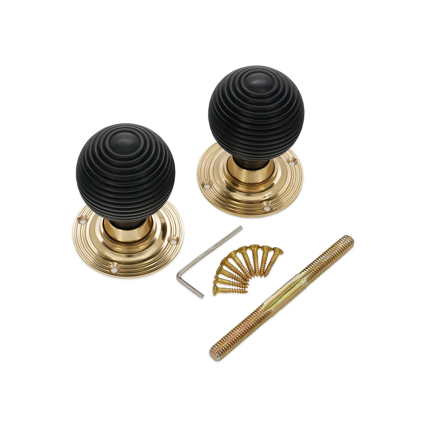 Ebony Wood Beehive Rim/Mortice Door Knob Polished Brass