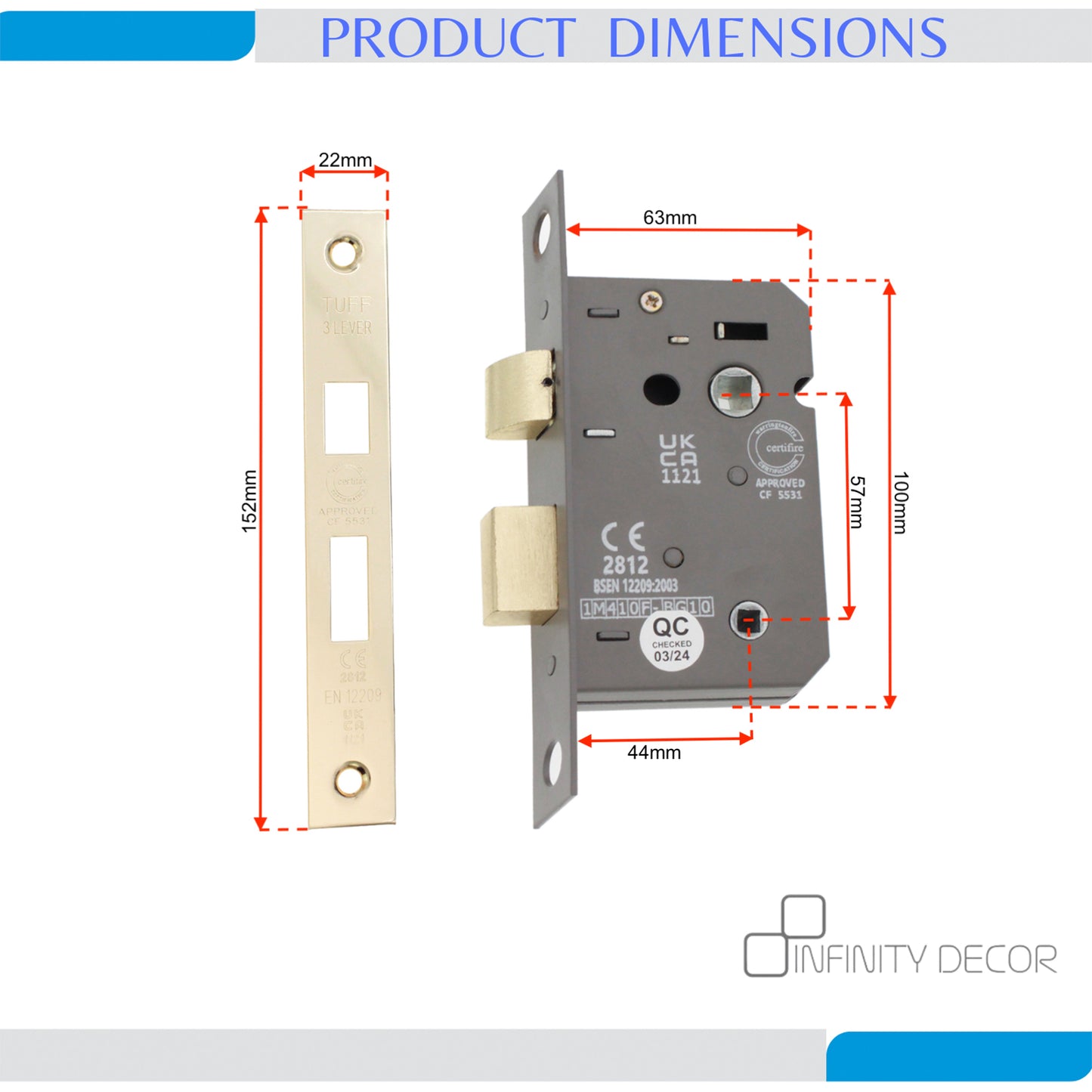 Serrure de salle de bain à 3 leviers CE 2,5" FD60 - Laiton électro