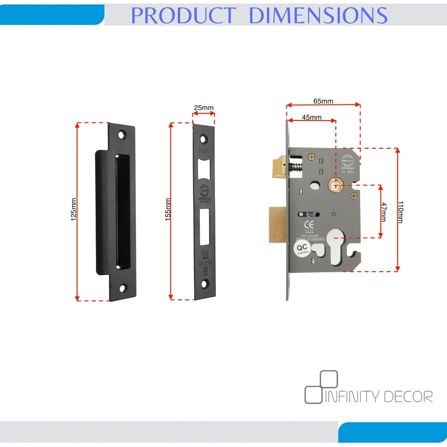 Serrure à mortaiser CE Euro Profile 2,5" - Noir mat