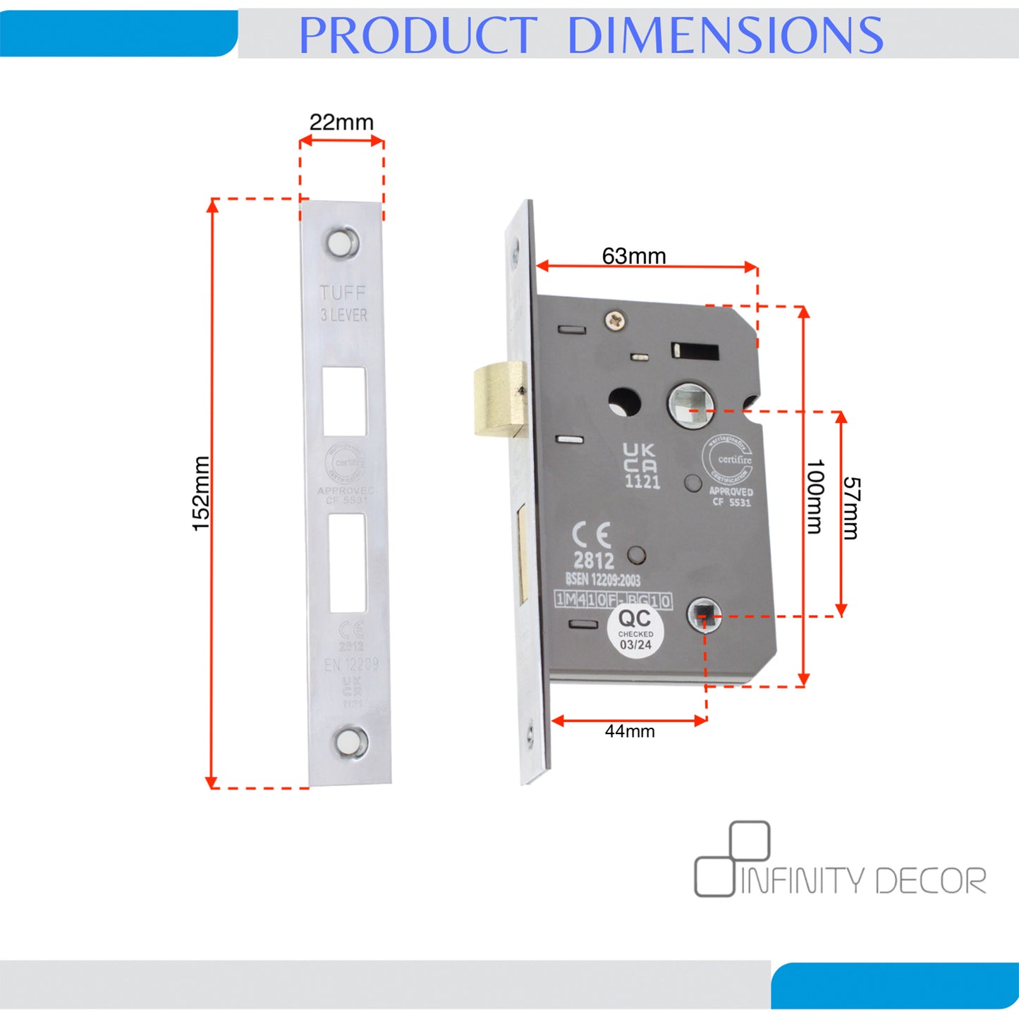 2.5" CE 3 Lever Bathroom Lock FD60 - Polished Nickel