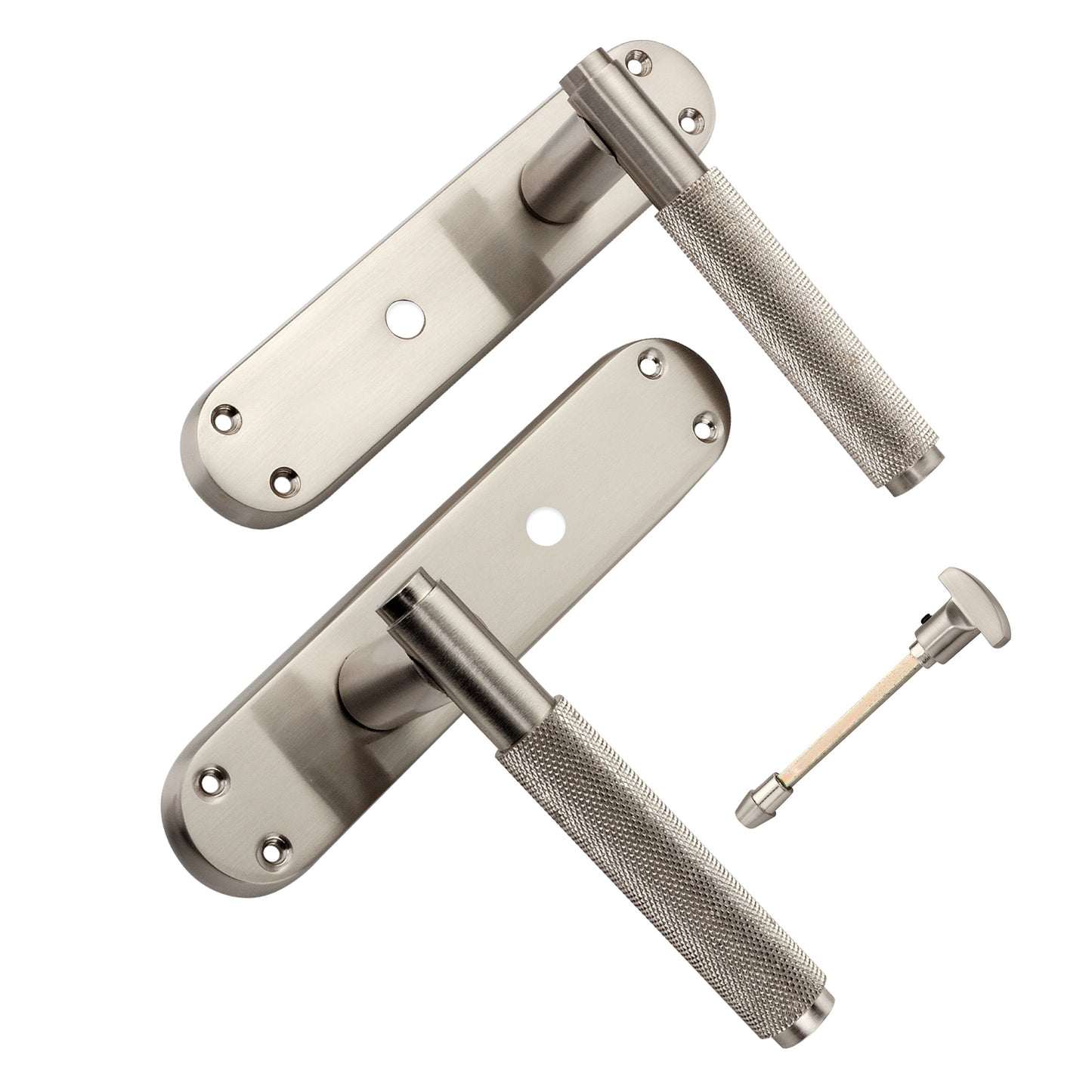 Rändelhebel von Connaught auf der Rückplatte, Sichtschutz aus satiniertem Nickel