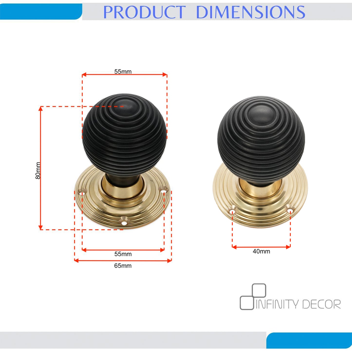 Ebony Wood Beehive Rim/Mortice Door Knob Polished Brass