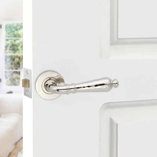 Hammered Hazel Lever on Rose Polished Nickel Latch Pack