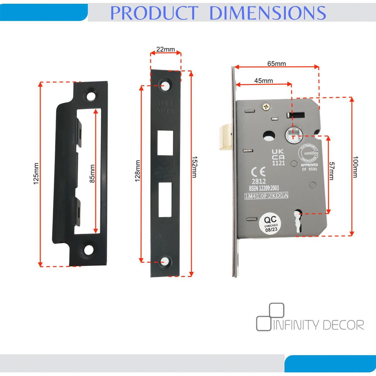 2.5" CE 3 Lever Mortice Sash Lock FD60 - Gunmetal Grey