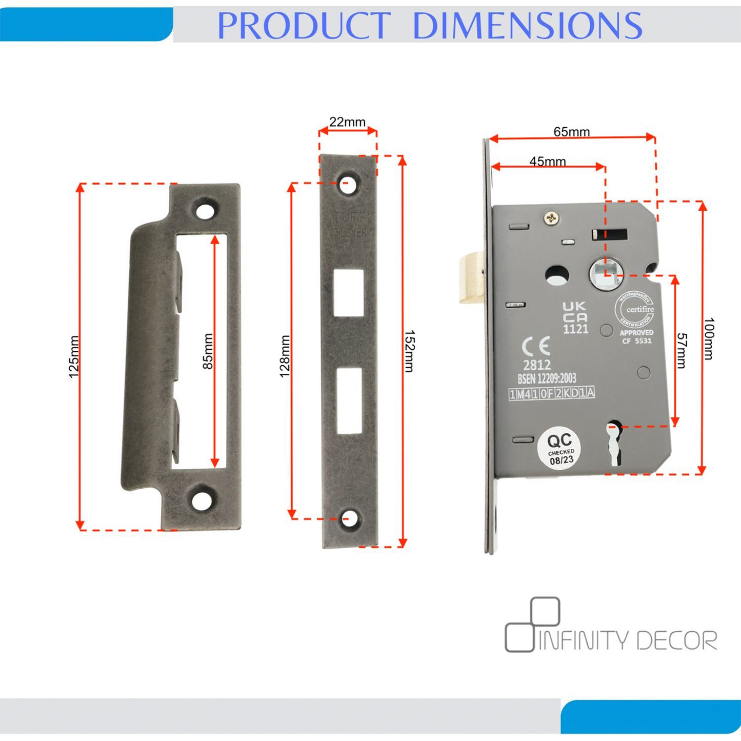 Serrure à mortaise à 3 leviers CE 2,5" FD60 - Étain