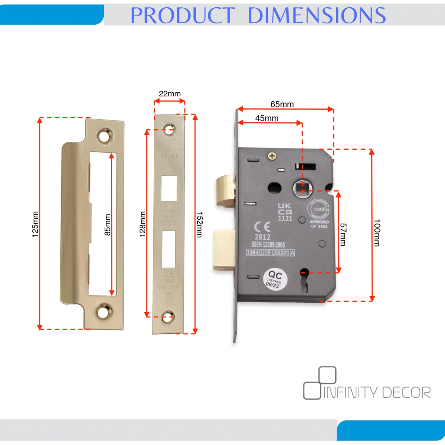 2.5" CE 3 Lever Mortice Sash Lock FD60 - Electro Brass