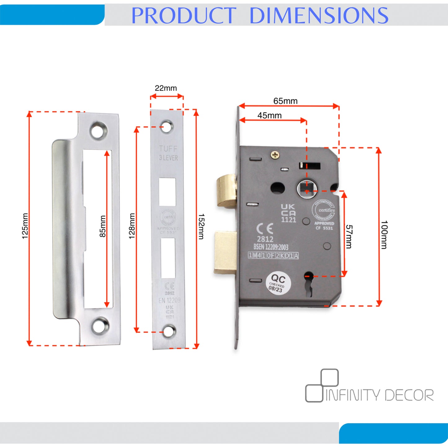 2.5" CE 3 Lever Mortice Sash Lock FD60 - Satin Chrome