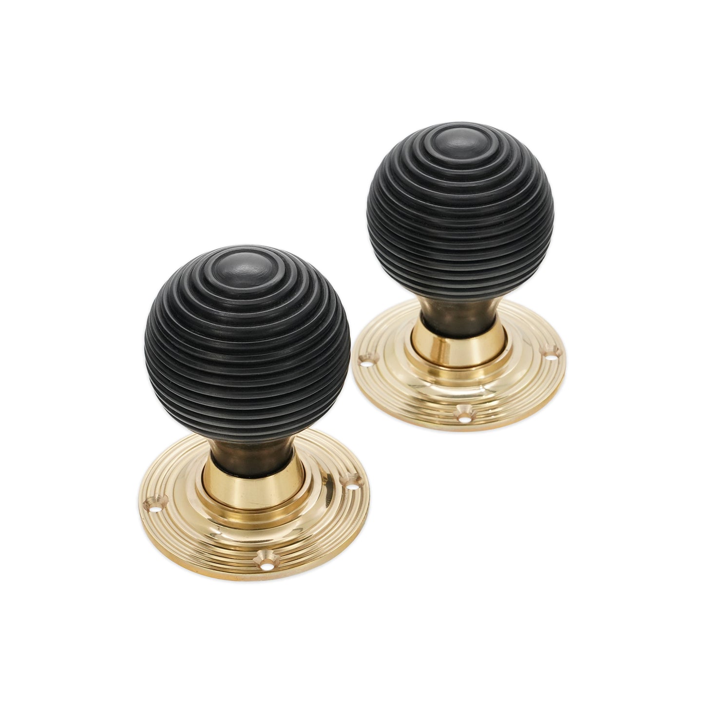 Ebony Wood Beehive Rim/Mortice Door Knob Polished Brass