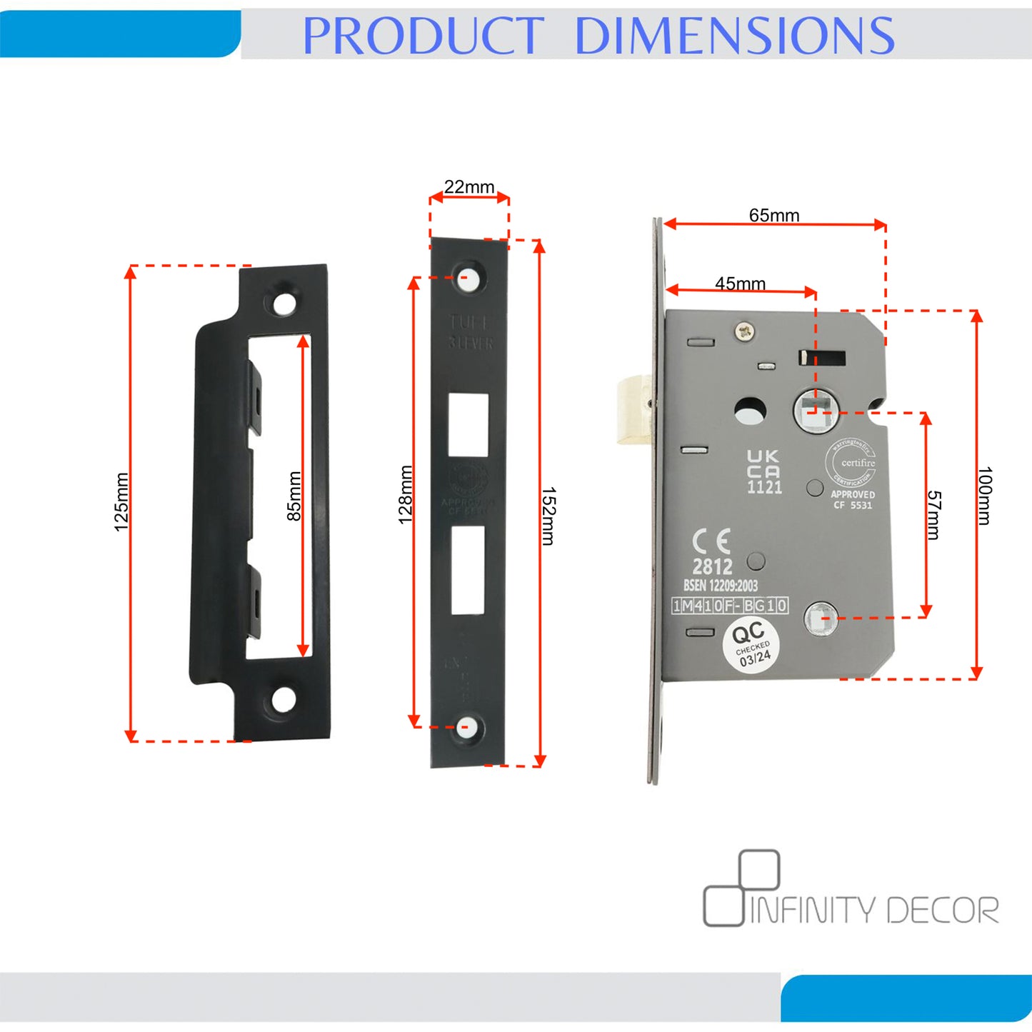2.5" CE 3 Lever Bathroom Lock FD60 - Gunmetal Grey