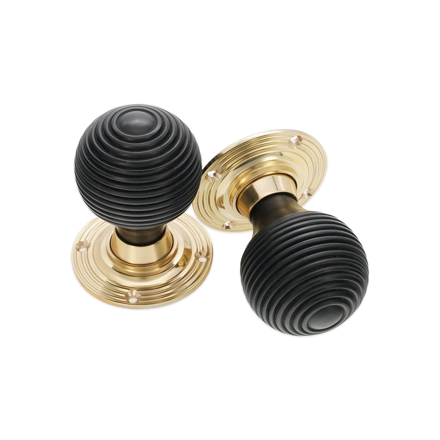 Ebony Wood Beehive Rim/Mortice Door Knob Polished Brass