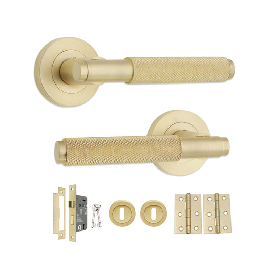 Connaught Knurled Lever on Rose Satin Brass Lock Pack