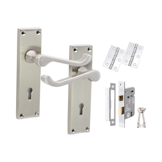 Victorian Scroll Lock Lever Handle 150mm Lock Pack Satin Nickel