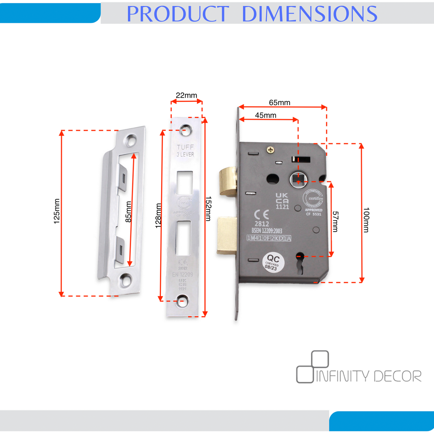 Serrure à mortaiser CE 2,5" à 3 leviers FD60 - Chrome poli