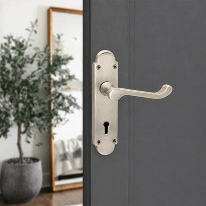 Satin Nickel Lever on Backplate Lock Door Handle Home Decor  
