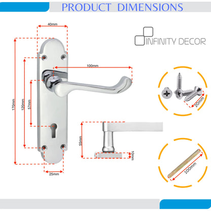 Polished Chrome Lever on Backplate Lock Door Handle Home Decor 