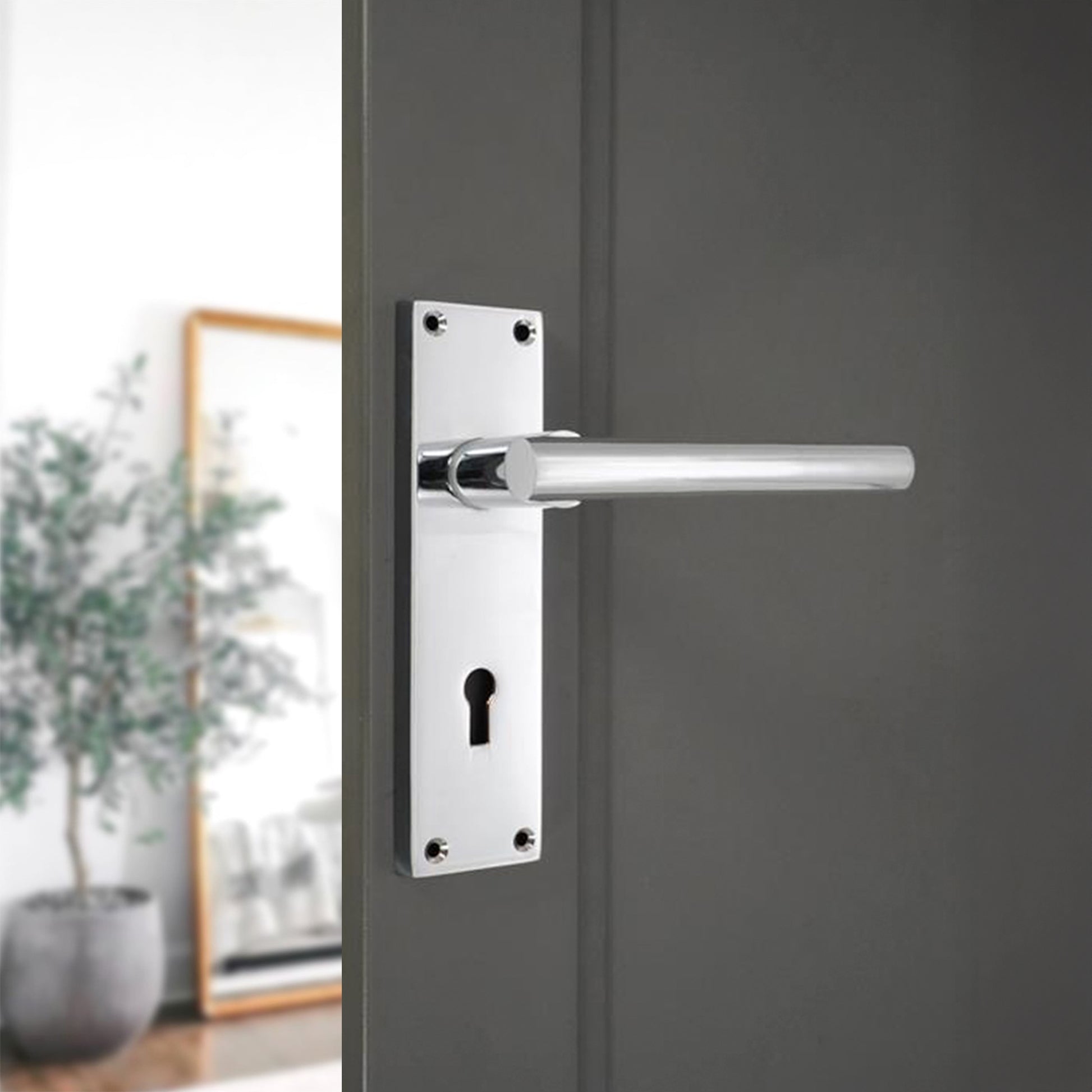 Polished Chrome Lever on Backplate Lock Door Home Decor