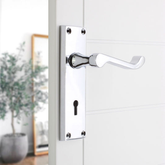 Victorian Scroll Lock Lever Handle 150mm Lock Pack Polished Chrome