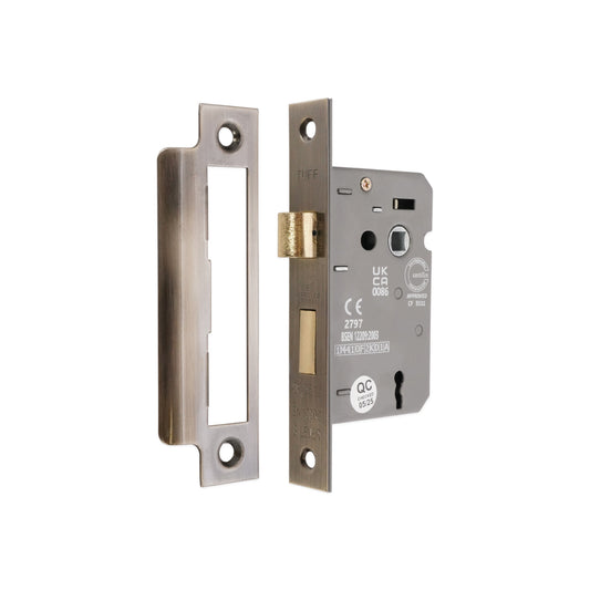 Serrure à mortaiser à 3 leviers FD60, 2,5 pouces CE - Laiton vieilli