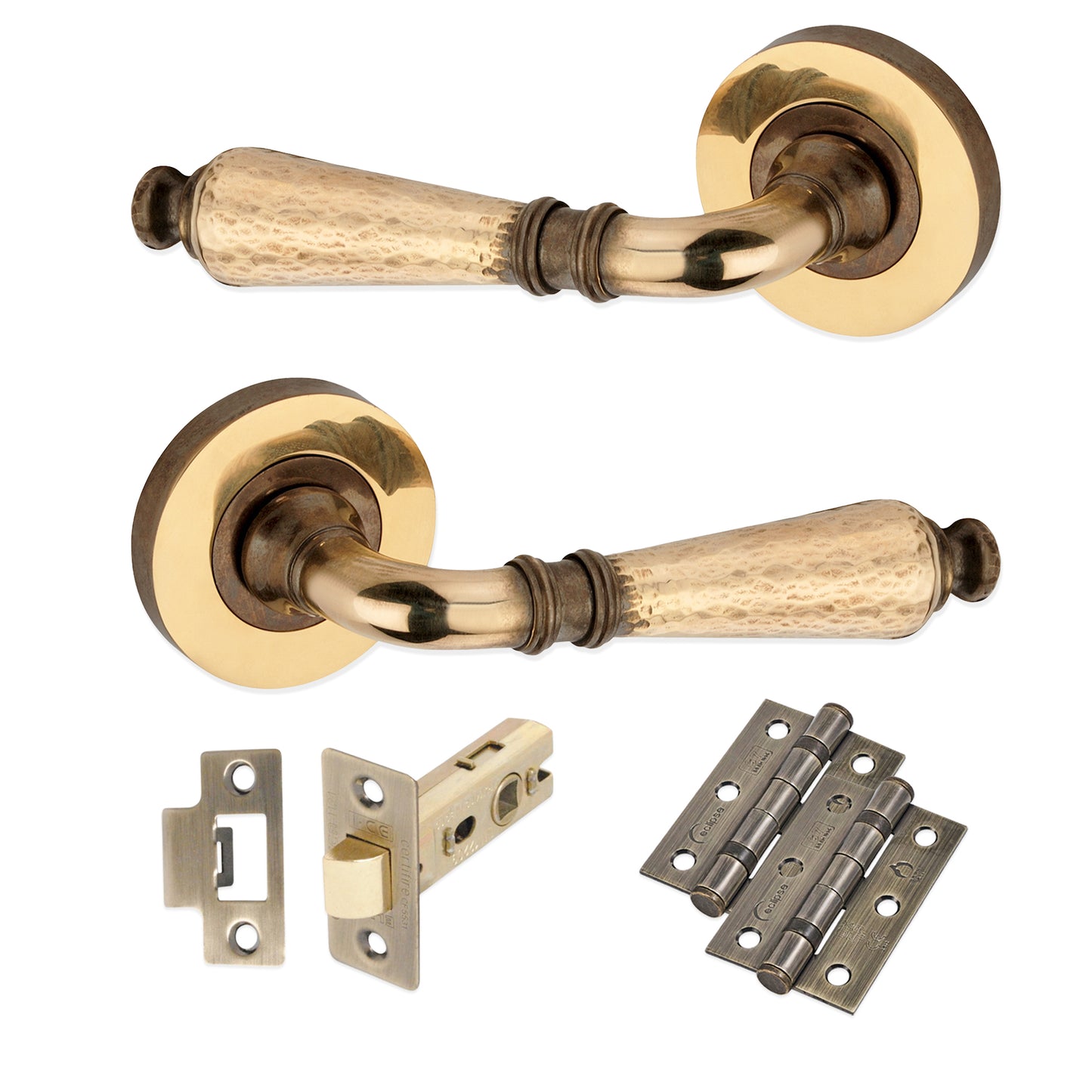 Hammered Hazel Lever on Rose Aged Brass Latch Pack Home Decor