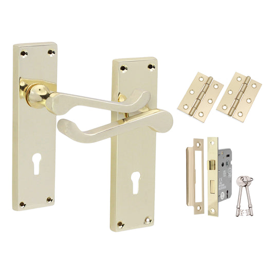 Victorian Scroll Lock Lever Handle 150mm Lock Pack Polished Brass