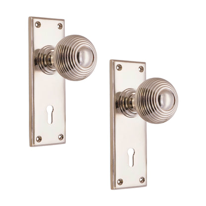 Polished Nickel Beehive Knob on Backplate Lock Home Decor