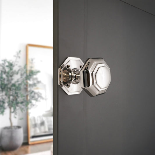 Octagonal Mortice Door Knobs Polished Nickel