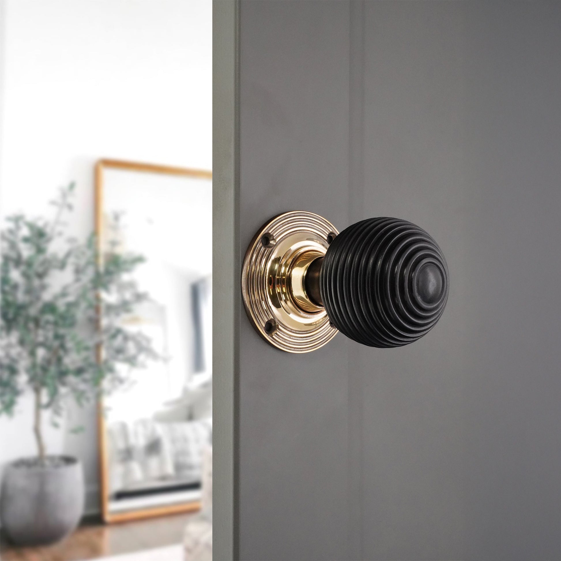Ebony Beehive Rim Door Knob Aged Brass Home Decor