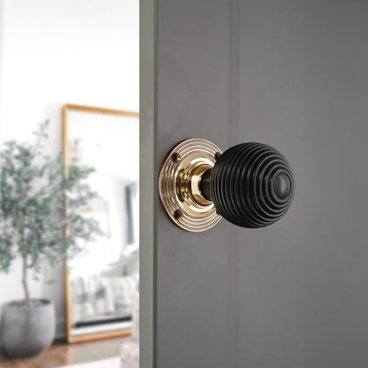 Ebony Beehive Rim Door Knob Aged Brass Home Decor