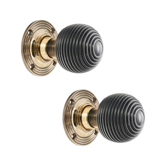 Ebony Wood Beehive Rim/Mortice Door Knob Aged Brass