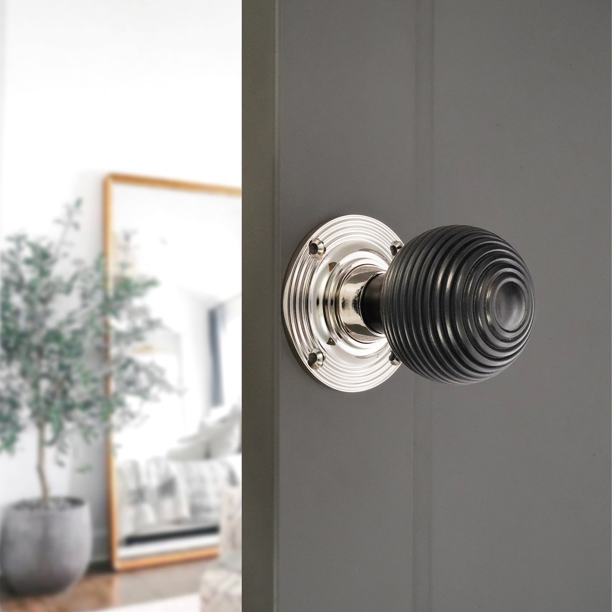 Ebony Beehive Rim Door Knob Polished Nickel Home Decor