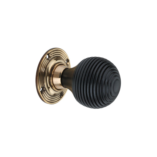 Ebonised Wood Beehive Mortice/Rim Door Knob Aged Brass