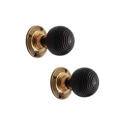 Ebonised Wood Beehive Mortice/Rim Door Knob Aged Brass