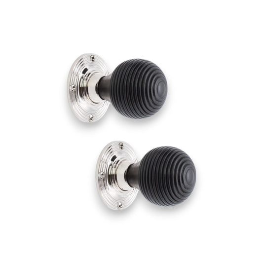 Ebonised Wood Beehive Mortice/Rim Door Knob Polished Nickel