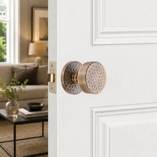 Hammered Knurlmond Mortice Door Knob Antique Brass