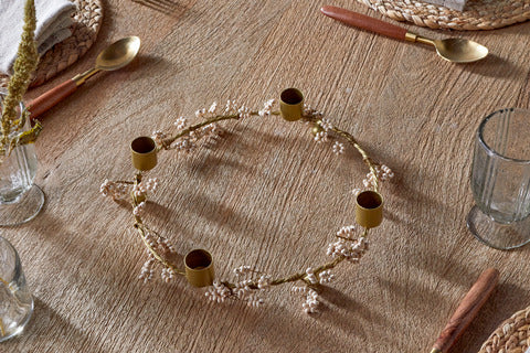 Tanu Mango Wood Beaded Brass & Natural Candle Holder