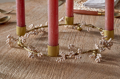 Tanu Mango Wood Beaded Brass & Natural Candle Holder