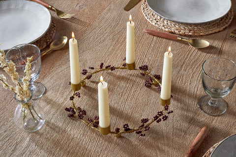 Tanu Mango Wood Beaded Brass & Ruby Candle Holder