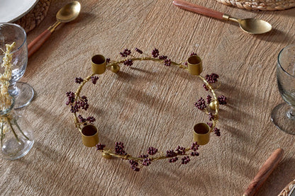 Tanu Mango Wood Beaded Brass & Ruby Candle Holder